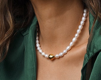 Baroque Pearl Necklace, Statement Pearl Choker, Beaded Real White Freshwater Pearls, Chunky Big Pearl Jewelry