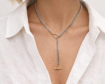 Silver Lariat Necklace With Gold T Bar Clasp, Mixed Metal Jewelry, Y Curb Chain
