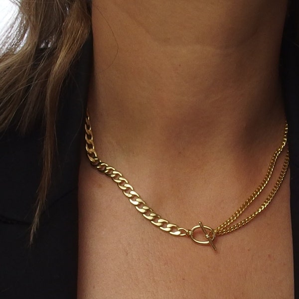 Gold Toggle Chain Necklace, Flat Curb Chain Choker, Thick Chain Choker with T Bar Clasp, Tarnish Resistant Jewelry