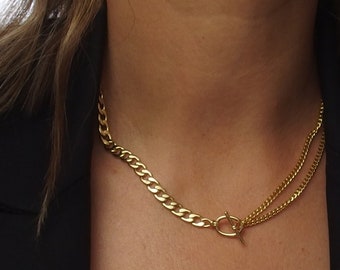 Gold Toggle Chain Necklace, Flat Curb Chain Choker, Thick Chain Choker with T Bar Clasp, Tarnish Resistant Jewelry