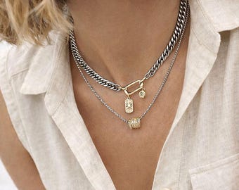 Carabiner Necklace Set Of 2, Layered Chunky Silver Curb Chain With Charm Holder Clasp, Gold Starburst And Moon Pendants, Mixed Metal Jewelry