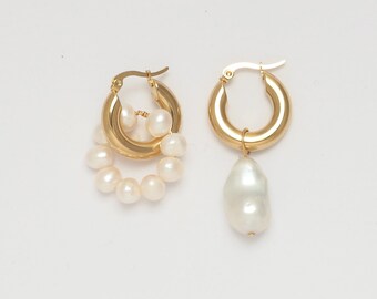 Baroque Pearl Hoop Earrings, Freshwater Pearl Baroque Earrings, Baroque Pearl Charm On Gold Chunky Hoop