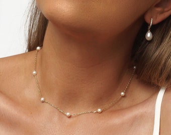 Collier ras de cou avec petites perles, chaîne de perles fines pour la mariée, véritables bijoux en perles de station d'eau douce, collier de mariage pour la mariée ou les parents