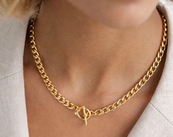 Gold Knebelverschluss Choker, Statement Panzerkette Halskette für Frauen mit Frontverschluss