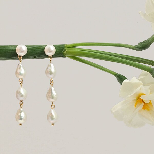 Wedding Long Pearl Drop Earrings For Brides, Baroque 3 Pearl Earrings With White Pearl Studs, Teardrop Pearl Earrings