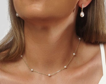 Collier de perles et ensemble de boucles d'oreilles, ensemble de bijoux de mariée en perles véritables, bijoux classiques élégants pour la mariée, véritables perles d'eau douce blanches