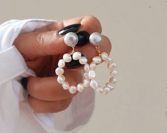 Handmade Pearl Hoop Earrings, Dangling Pearl Earrings, Light Gray Pearl Studs And Beaded Genuine Fresh Water Pearls, Large Dangle Earrings