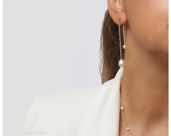 Bridal Pearl Threader Earring, Gold Long Chain Pearl Drop Earrings, Simple Wedding Jewelry, Bridesmaid Earring, Hanging Tear Drop Pearl