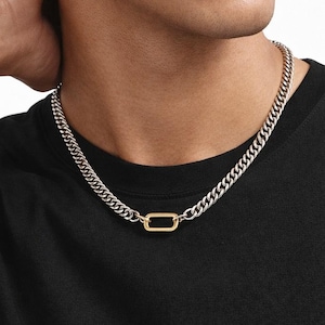 Men Ring Holder Necklace, Silver Stainless Steel Curb Chain With Functional Gold Carabiner Clasp, Statement Masculine Jewelry