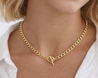 Gold T Bar Chunky Flach Panzerkette Halskette, Knebelverschluss Dicke Halskette, Frauen Gold Kette nur Halskette, nicht trübe Panzerglied Kette