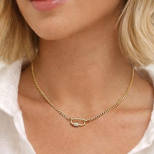 Gold Carabiner Curb Necklace, CZ Pave Functional Clasp, Charm Holder Chain