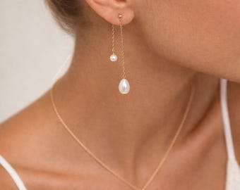Orecchini da sposa con perle, orecchini pendenti con catena lunga in oro e perle, gioielli da sposa semplici, orecchini da damigella d'onore, perle pendenti a goccia