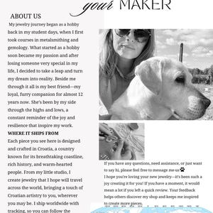 May include: Black and white image with the text "Meet your Maker". The image includes a woman with sunglasses and a dog. The text describes the jewelry maker's journey and where the jewelry ships from.