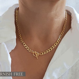 Gold T Bar Chunky Flat Curb Chain Necklace, Toggle Clasp Thick Necklace, Women Gold Chain Only Necklace, Non Tarnish Curb Link Chain