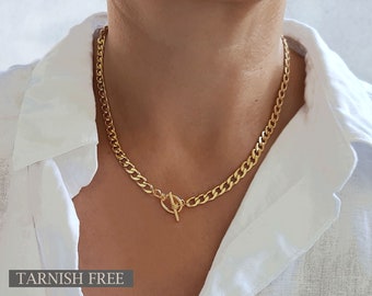 Gold T Bar Chunky Flat Curb Chain Necklace, Toggle Clasp Thick Necklace, Women Gold Chain Only Necklace, Non Tarnish Curb Link Chain