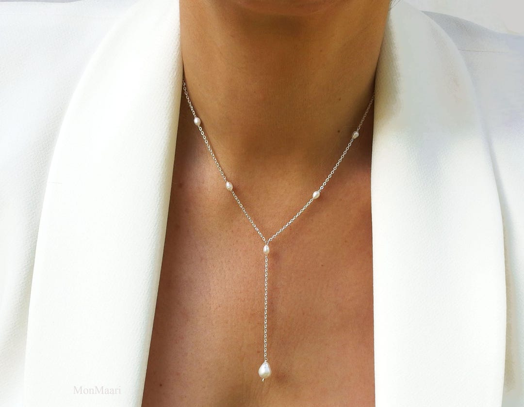 Silver Pearl Drop Necklace, Bridal White Freshwater Pearl Y Necklace — free download
