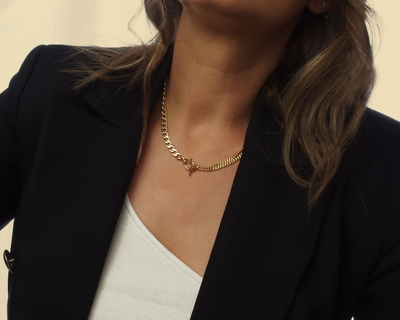 Collier chaîne à bascule en or, tour de cou plat, tour de cou chaîne épaisse avec fermoir barre en T, bijoux résistants à la ternissure image 5
