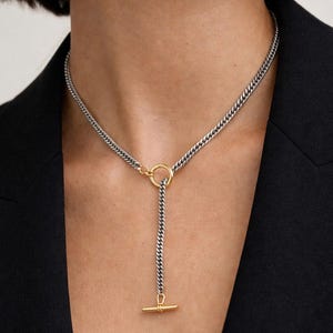 Mix Metal Y Necklace, Silver Curb Stainless Steel Chain And Toggle Gold Clasp, Long Drop Necklace