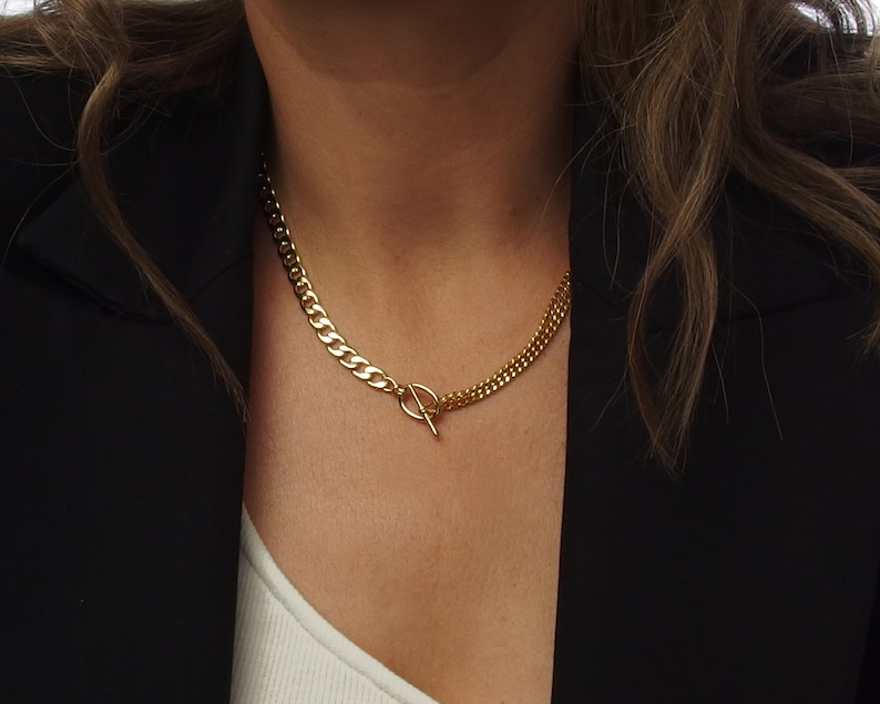 Collier chaîne à bascule en or, tour de cou plat, tour de cou chaîne épaisse avec fermoir barre en T, bijoux résistants à la ternissure image 3