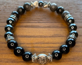 8 mm Silver sheen obsidian, Black Tourmaline, and Hematite stretch bracelet