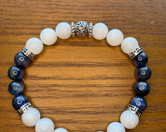 Bracciale elasticizzato Rainbow Moonstone da 8 mm e Blue Kyanite