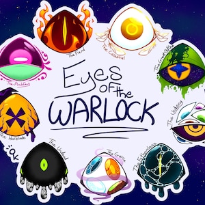 Könnte beinhalten: Eine farbenfrohe Illustration von neun Augen, jedes mit einem einzigartigen Design und Namen. Die Augen sind in einem Kreis um die Worte "Eyes of the Warlock" angeordnet.