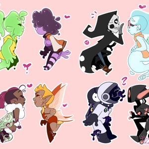 May include: A digital illustration of eight cartoon couples. The couples are a green ghost and a purple blob, a black reaper and a blue ghost, a green moth and a yellow fairy, a black and white astronaut and a black alien, a pink and green moth and a yellow fairy, a black reaper and a blue ghost, a green ghost and a purple blob, and a black and white astronaut and a black alien.