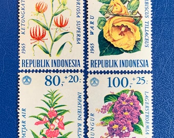 Vintage Flowers Postage Stamp Set, Indonesia 1965 Flame Lily, Myrtle,  Hibiscus Floral Stamps for Collection, Crafting, Wedding Crafts 