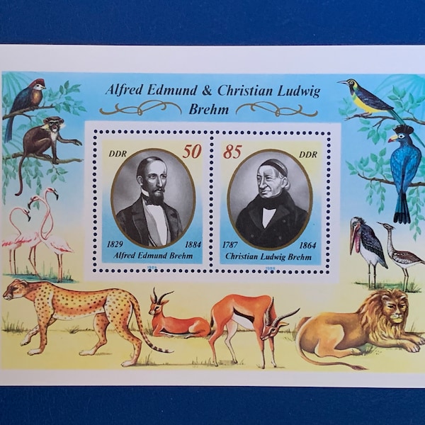 Germany (DDR) - Original Vintage Postage Stamps- 1989 - Biologists Alfred Edmund & Christian Ludwig Brehm