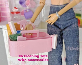 Miniature 1:6 Dollhouse Cleaning tote with accessories for diorama doll mini cleaning supplies