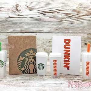 Miniature 1:6 takeout bag, mini drink cup, playscale, diorama, pretend play, dollhouse, miniature fast food, coffee