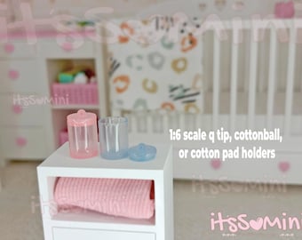 Miniature 1:6 scale cotton balls, q tips, cotton pads with holder for dollhouse decor bathroom minis