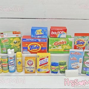 Miniature 1:6 cleaning supplies, Miniature Laundry detergent, playscale, Mini Dish sponge, doll house, miniatures,