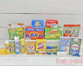 Miniature 1:6 cleaning supplies, Miniature Laundry detergent, playscale, Mini Dish sponge, doll house, miniatures,