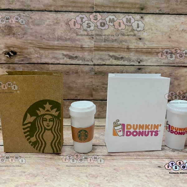 Miniature 1:6 takeout bag, mini drink cup, playscale, diorama, pretend play, doll house, miniature fast food, coffee EACH SOLD SEPARATELY