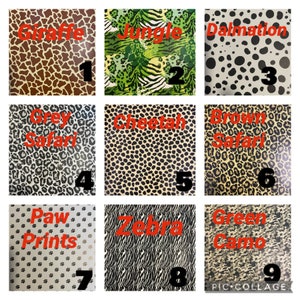 Puede incluir: Un collage de nueve patrones de estampado animal diferentes. Los patrones incluyen jirafa, jungla, d&aacute;lmata, safari gris, guepardo, safari marr&oacute;n, huellas de patas, cebra y camuflaje verde.