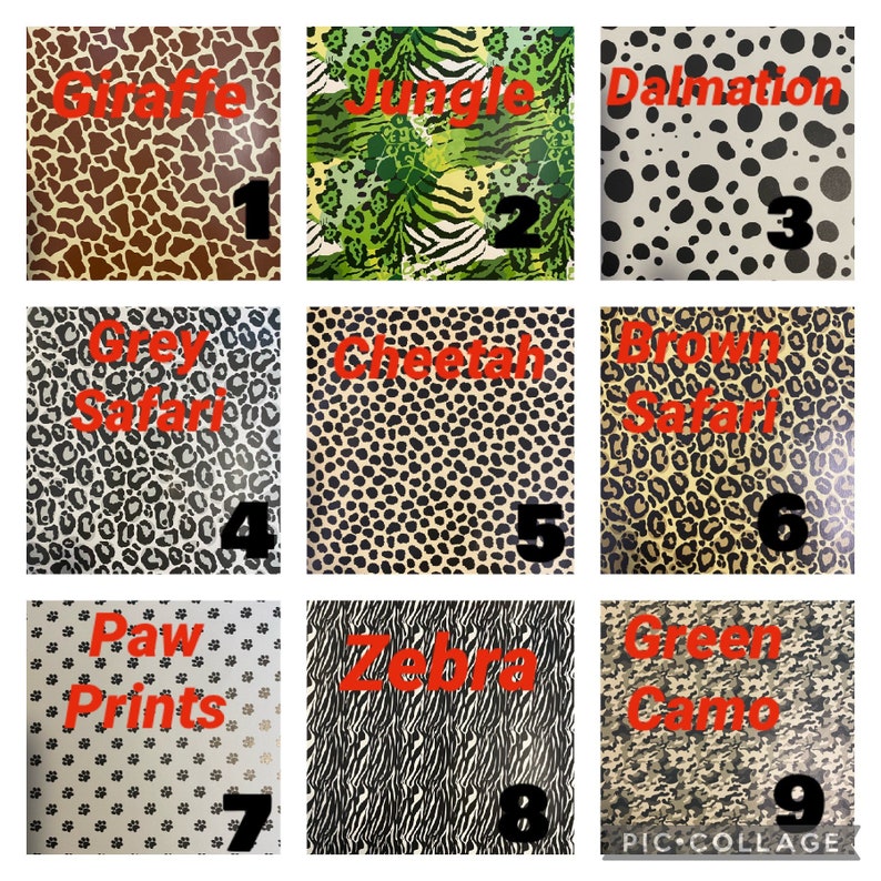 Puede incluir: Un collage de nueve patrones de estampado animal diferentes. Los patrones incluyen jirafa, jungla, d&aacute;lmata, safari gris, guepardo, safari marr&oacute;n, huellas de patas, cebra y camuflaje verde.