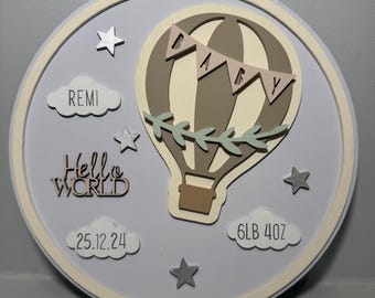 Hello World Hot Air Balloon Birth Plaque