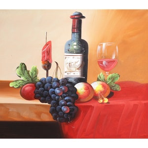 Art Painting, Still Life, Fruit ,Wine Painting, Original Oil Art on Horizontal Canvas 23.5x20&quot;-Free Shipping