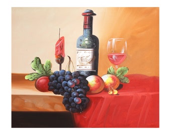 Art Painting, Still Life, Fruit ,Wine Painting, Original Oil Art on Horizontal Canvas 23.5x20"-Free Shipping