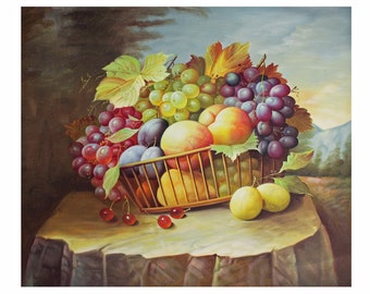 Art Painting, Still Life, Fruit Painting, Original Oil Art on Horizontal Canvas 21x23"-Free Shipping