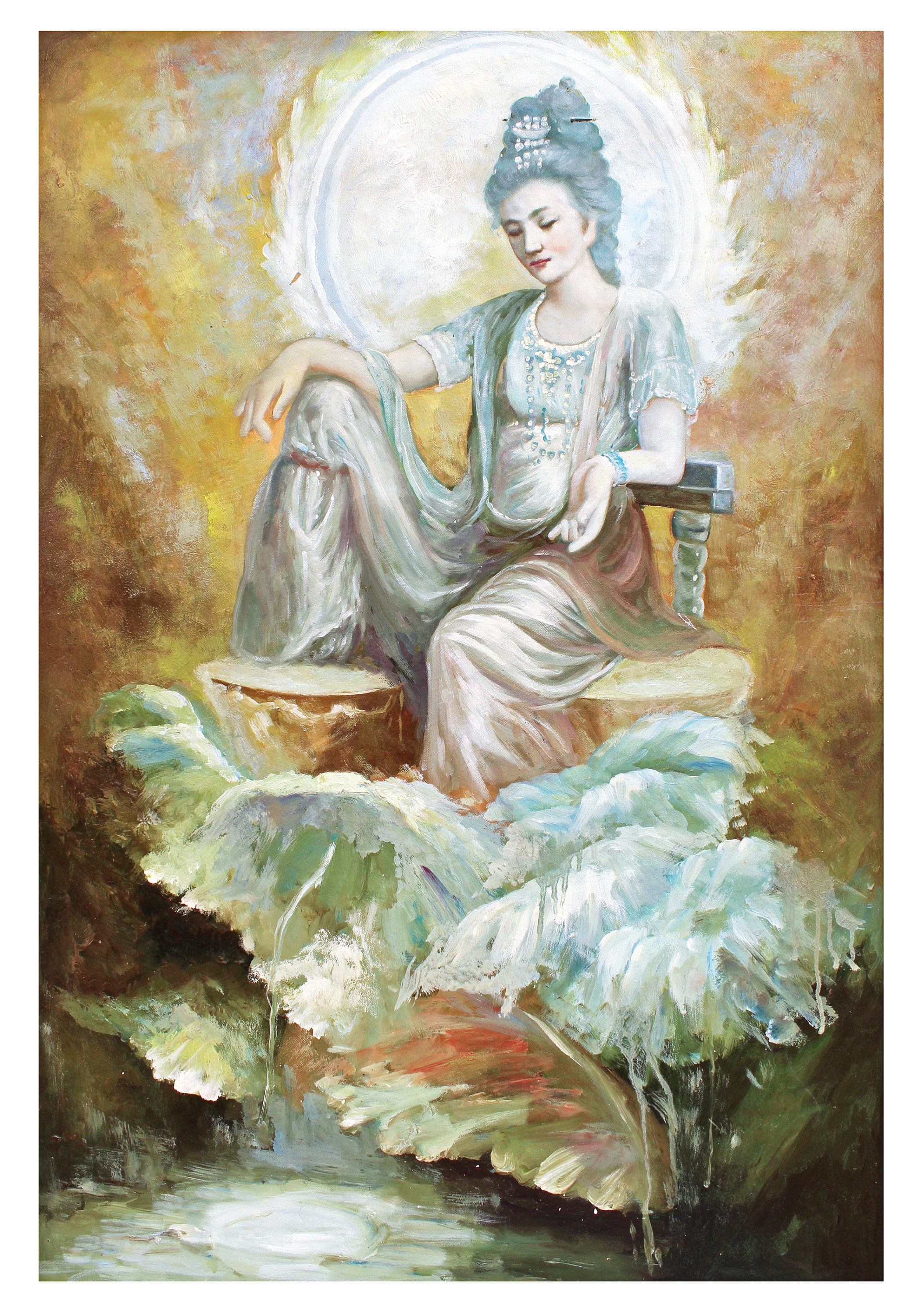 Art Painting, Buddha Painting, Original Oil Art on Vertical Canvas 36x24"-Free Shipping