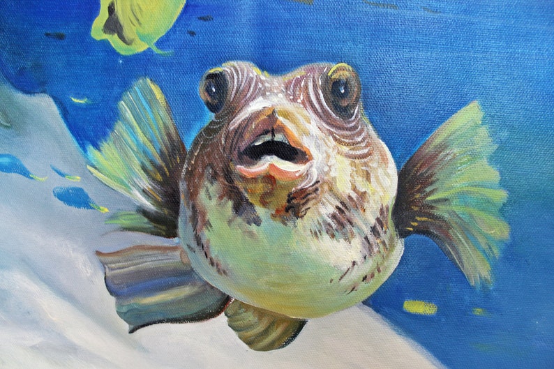 Art Painting, Underwater World Painting, Fishes Original Oil Art on Horizontal Canvas 81x54Free Shipping image 5