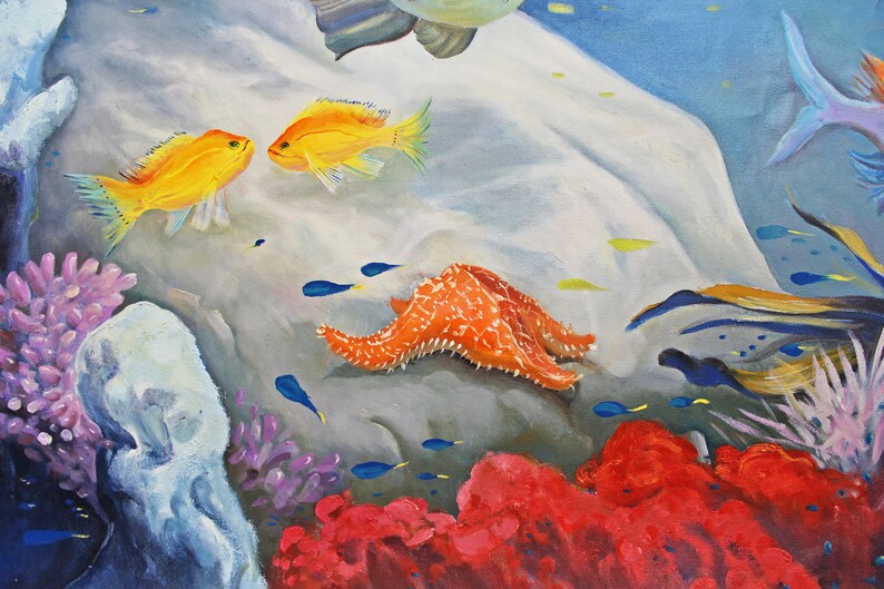 Art Painting, Underwater World Painting, Fishes Original Oil Art on Horizontal Canvas 81x54Free Shipping image 6