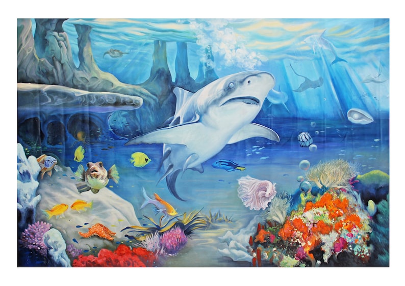 Art Painting, Underwater World Painting, Fishes Original Oil Art on Horizontal Canvas 81x54Free Shipping image 1