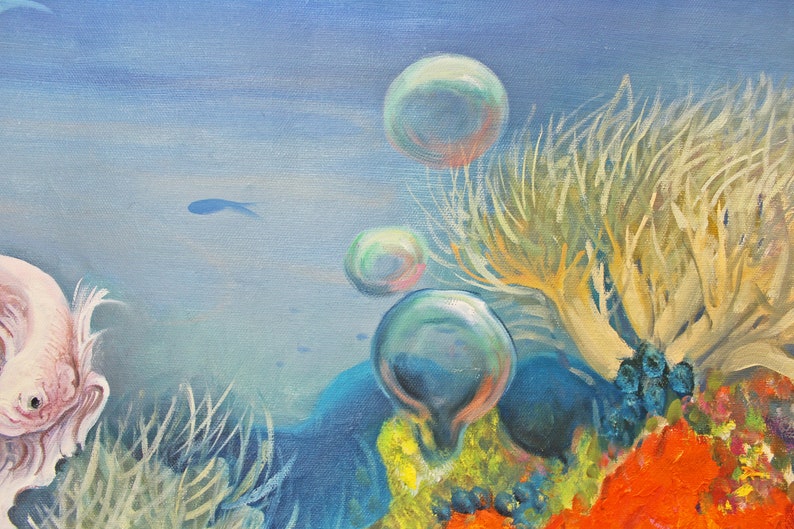 Art Painting, Underwater World Painting, Fishes Original Oil Art on Horizontal Canvas 81x54Free Shipping image 9