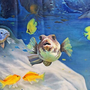 Art Painting, Underwater World Painting, Fishes Original Oil Art on Horizontal Canvas 81x54Free Shipping image 4