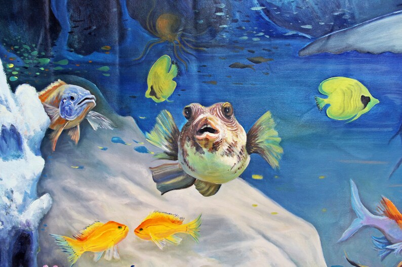 Art Painting, Underwater World Painting, Fishes Original Oil Art on Horizontal Canvas 81x54Free Shipping image 4