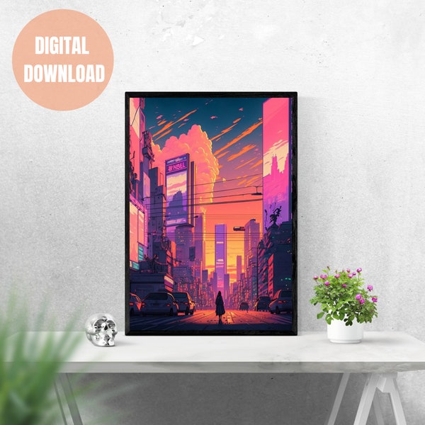 Anime Metropolis: Vibrant City, Digital Art Print, AI Generated, Wall Art, AI Art, Digital Download, Home Decor, Printable