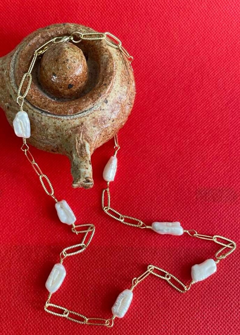 Genuine Biwa Pearl Textured Paperclip Chain Necklace with heart charm